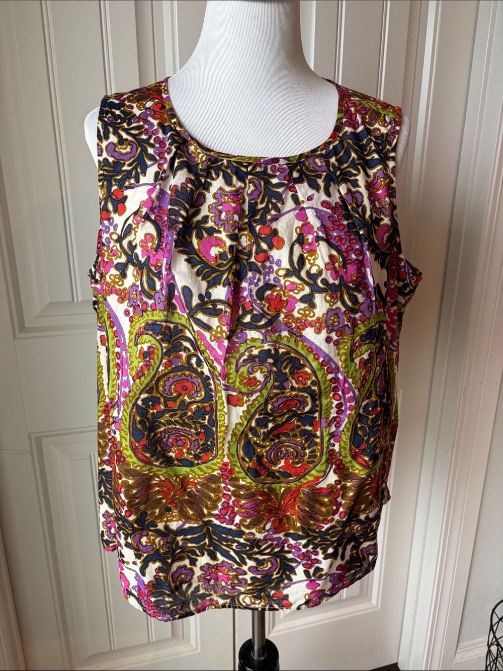 Talbots Woman Petites Printed Top in Purple and Mustard Accents